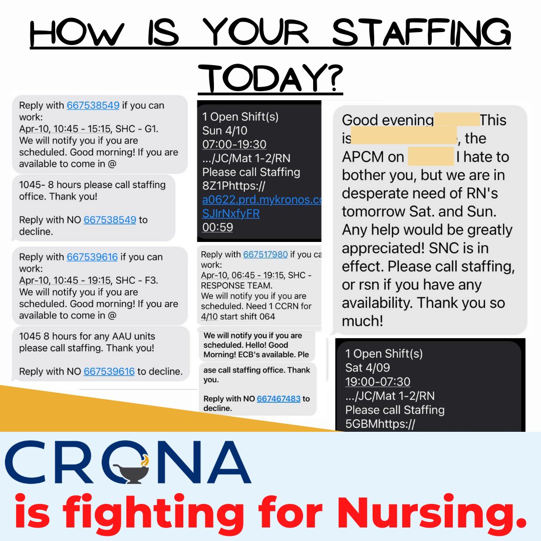 CRONAnurses's tweet photo. CRONA is fighting for staffing that accounts for patient acuity. This is how Nurses stand up for our patients, and for our profession.
#CRONAnurses #CRONAcares #Title22 #UnionNurses https://t.co/g26LpBAnxx
