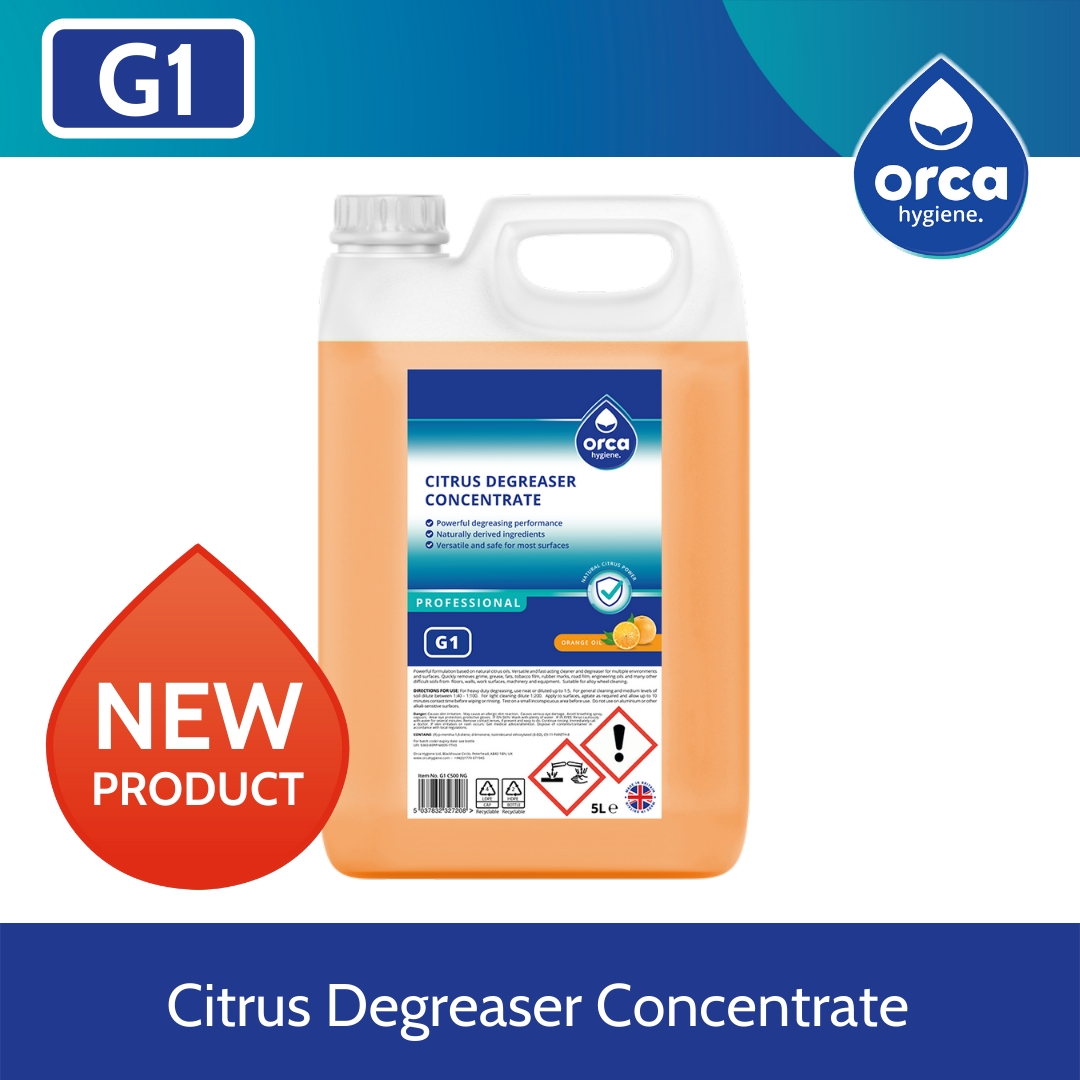 New product alert! Our G1 Citrus Degreaser Concentrate has a powerful formula that is a fast-acting cleaner and degreaser for multiple environments and surfaces. It removes grime, grease and difficult soils from machinery and equipment! Find out more:orcahygiene.com/catering/p/g1-…