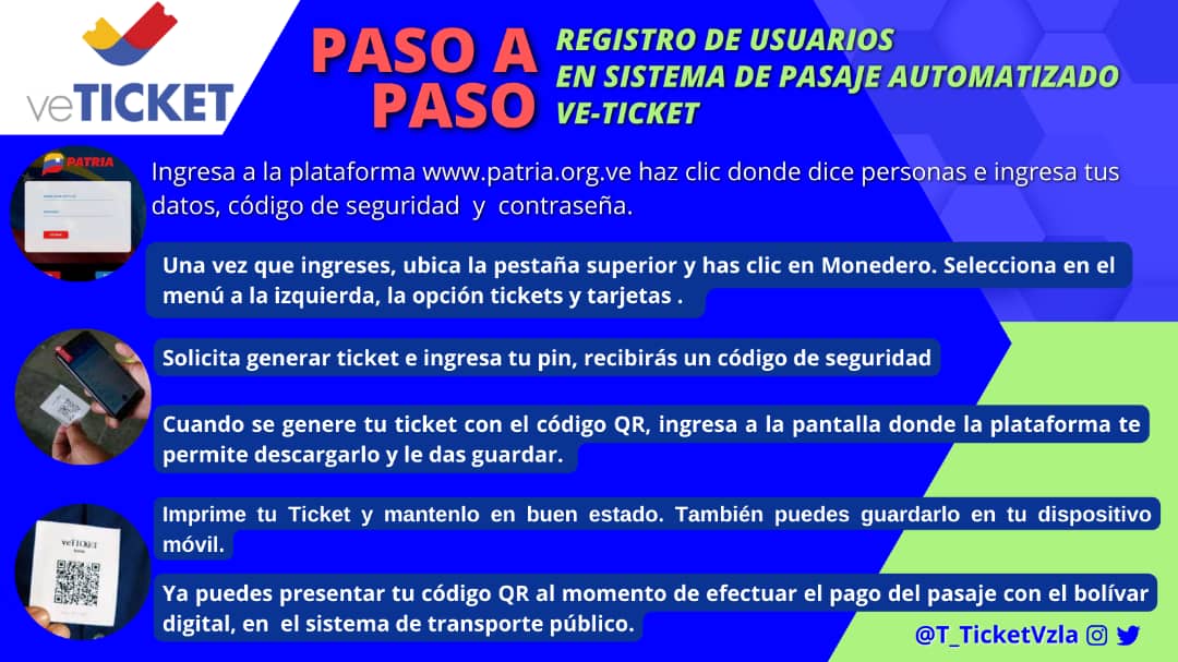 Conoce el paso a paso del Registro de Usuarios en Sistema de Pasaje Automatizado Ve-Ticket en la plataforma Patria #GritoAntiimperialista  <a href="/MervinMaldonad0/">Mervin Maldonado</a> <a href="/Vzla_Tuiteros/">Tuiteros Patriotas De Venezuela</a> <a href="/BusMargaritaVE/">Bus Margarita VE</a> <a href="/Mippcivzla/">MIPPCI</a> @ComandoBuhoMPPT @INTToficial <a href="/FonturOficialve/">Fontur</a>