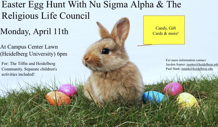 Tonight is the night! Head to campus center to hunt for Easter eggs with candy and gift cards. I heard the easter bunny will also be making an appearance!