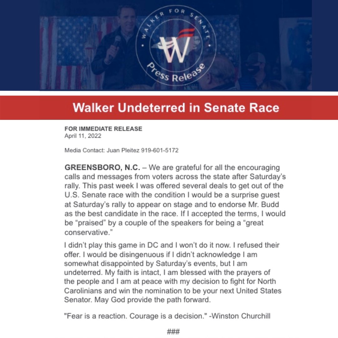 RepMarkWalker's tweet photo. I didn’t play this game in DC and I won’t do it now. I will continue to fight for North Carolinians and for the nomination to be your next United States Senator. May God provide the path forward. 
“Fear is a reaction. Courage is a decision.” - Winston Churchill 
#ncsen https://t.co/eqeYWUf6MG