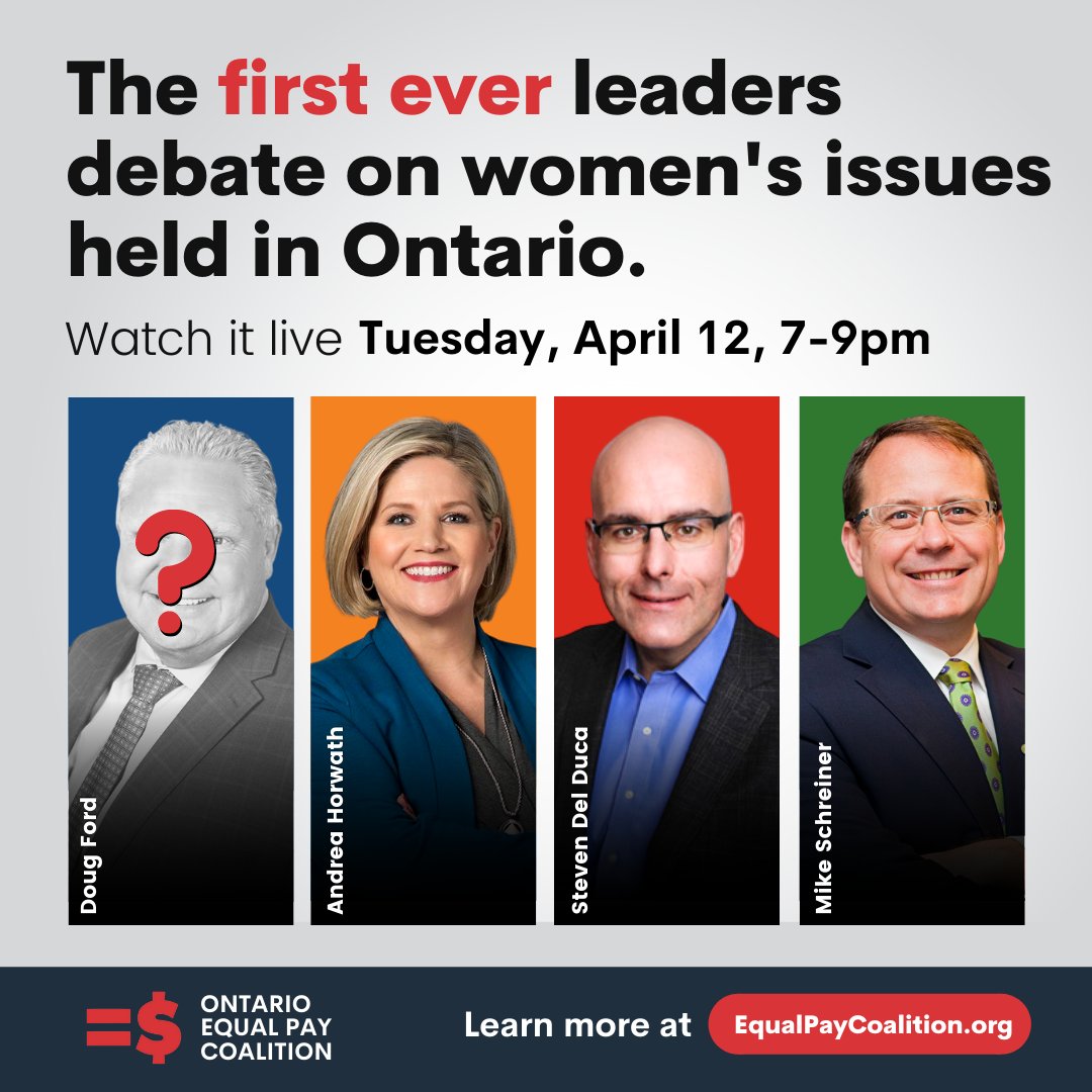 📣  Tomorrow is #EqualPayDay! <a href="/EqualPayON/">Equal Pay Coalition</a> has asked all party leaders to #ShowUpForWomen at the first-ever leaders debate on women’s issues held in Ontario. We’ll be watching. Will you join us? equalpaycoalition.org/equal-pay-day/