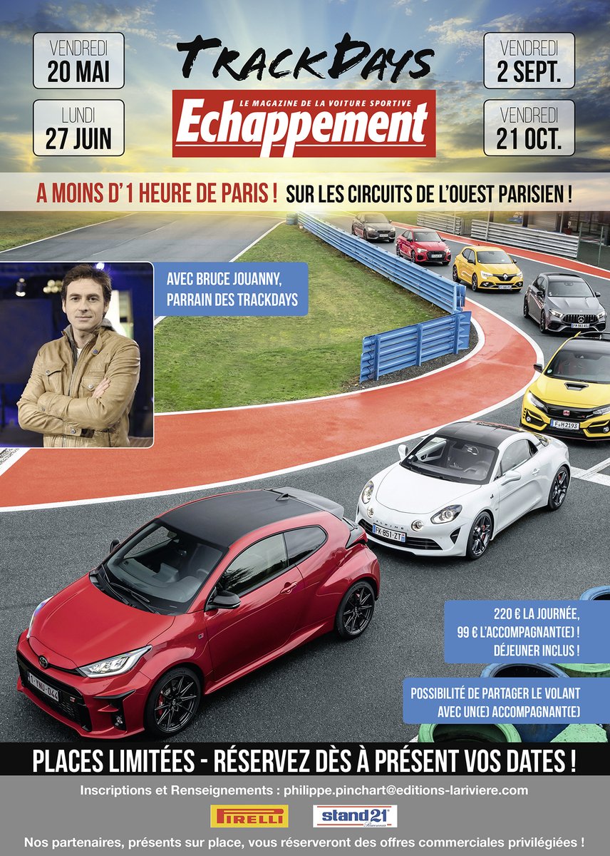 Le Circuits de Dreux accueillera, le 20 mai, 27 juin, 02 septembre et 21 octobre les TrackDays Echappement.
 
<a href="/BruceJouanny/">Bruce Jouanny</a> ainsi que nos partenaires <a href="/PirelliFR/">Pirelli France</a>, <a href="/Stand21Racewear/">Stand21 Racewear</a> et Team Dynamics seront présents sur place ! 
Inscriptions : philippe.pinchart@editions-lariviere.com