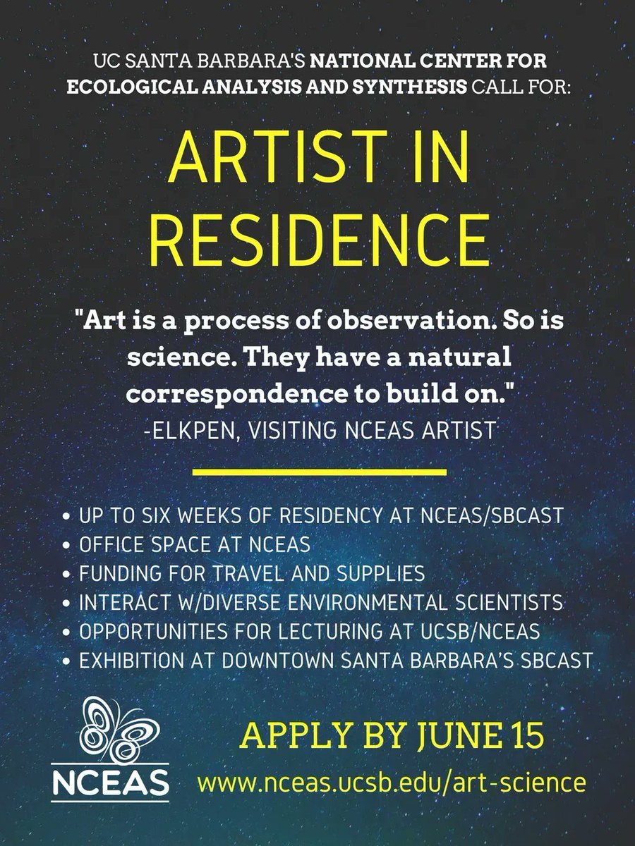 Calling all artists! 🎨 NCEAS will be hosting an #ArtistInResidence here in Santa Barbara for 2022-2023! Applications are due June 15th. Retweet to spread the word! Learn more about our program and past artists ➡️ buff.ly/3j9yIpZ #ArtistOnTwitter #SciArt #ArtandScience