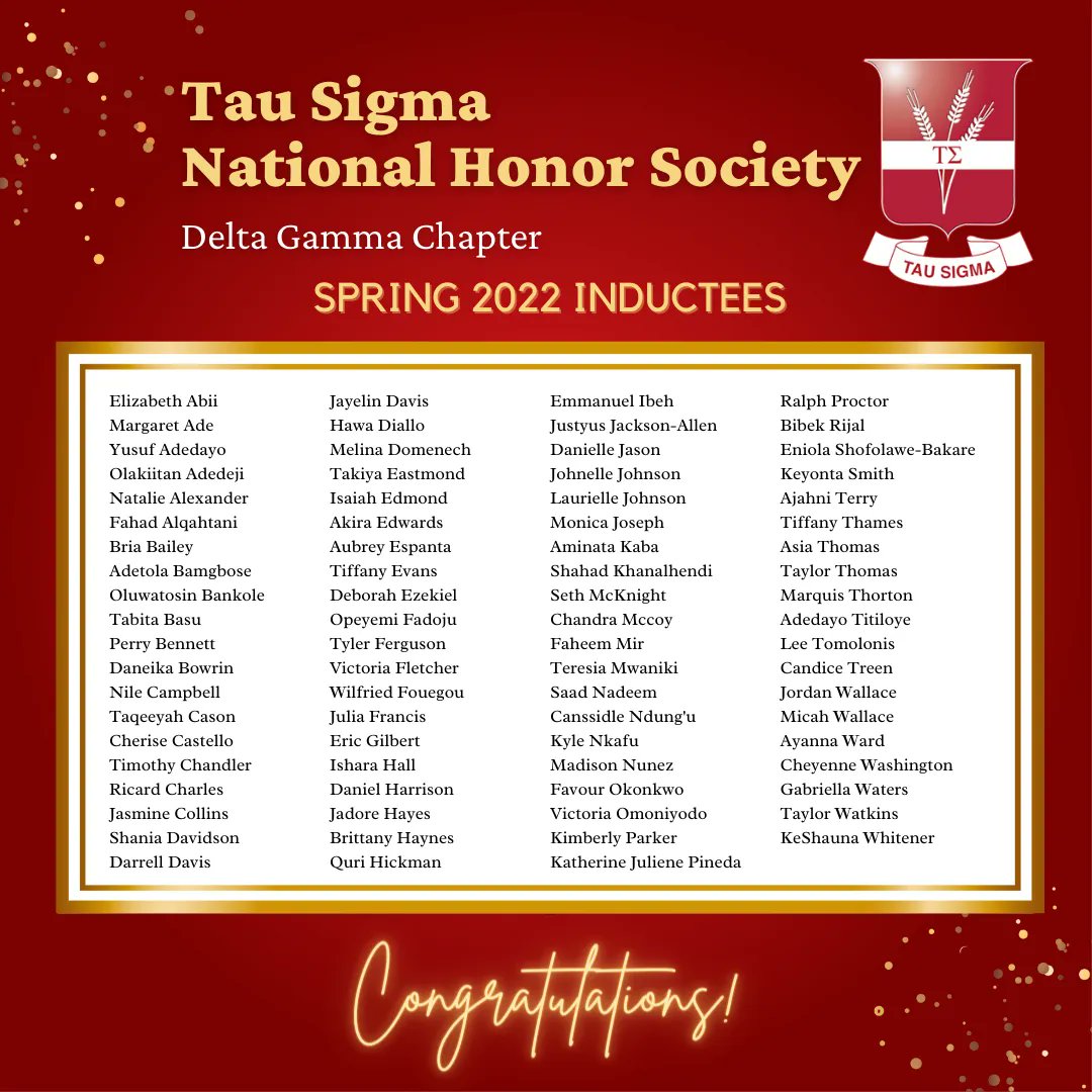 Congratulations to our new transfer students joining our Tau Sigma fam! Introducing our spring 2022 Tau Sigma inductees! 🎉🥳

#TauSigmaNationalHonorSociety #TauSigma #TauSigmaDeltaGamma #TauSigmaBears #MorganStateUniversity #GoBears