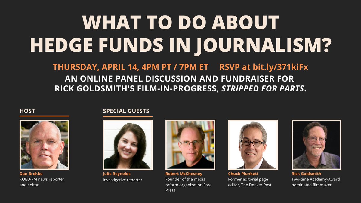 Sign up now for this Thursday’s free panel about the destructive effect of hedge funds on local news. We’ll be joined by @grlreporter @chuckplunkett @rgoldfilm1 @danbrekke and Robert McChesney for an online discussion. April 14 at 4pm PT / 7pm ET. bit.ly/371kiFx