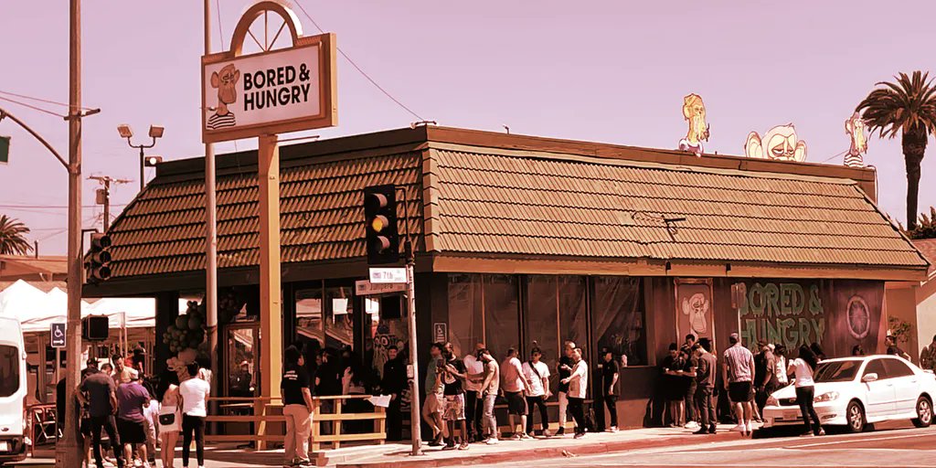 DecryptMedia's tweet photo. Bored &amp; Hungry opened its doors on Saturday, literally bringing the Bored Ape Yacht Club into the meatscape. https://t.co/SbOQWFmZ67 https://t.co/UUI6YR4n3i