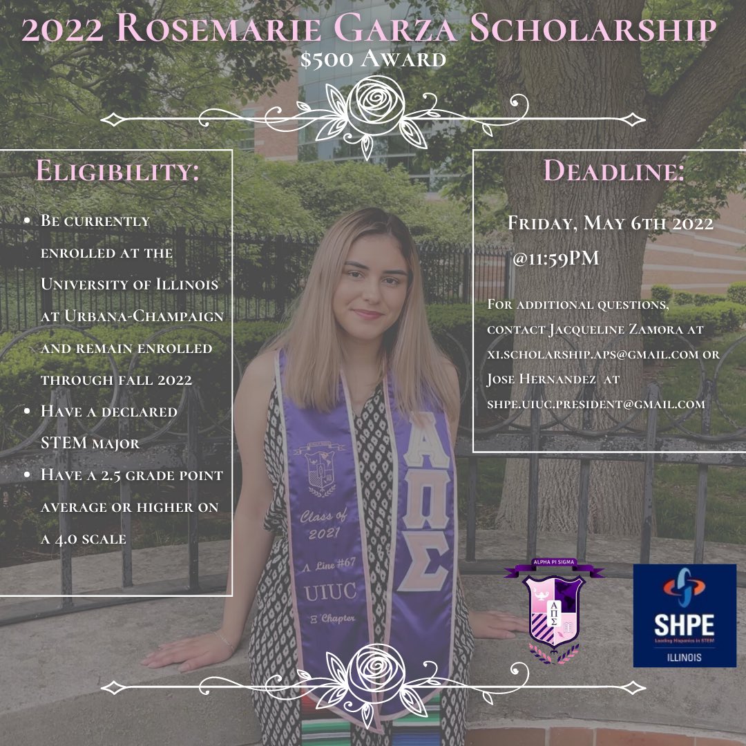 uiuc_alphas's tweet image. In honor of our sister Rosemarie Garza, the Xi Chapter Alpha Pi Sigma Sorority, Incorporated would like to announce the 2022 Rosemarie Garza Scholarship that is available to all UIUC STEM students. For additional questions feel reach out to the provided emails below! 😇