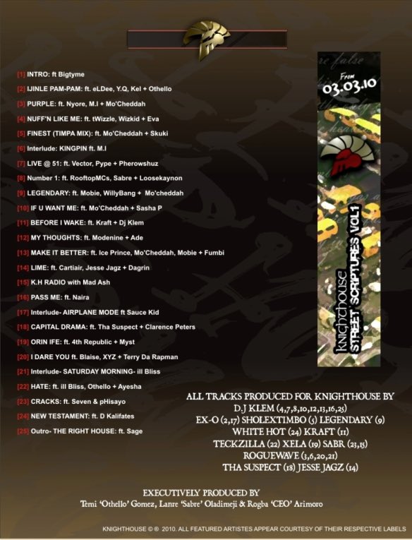 WizkidtheLegend's tweet photo. Knighthouse: Street Scriptures Vol. 1 Mixtape

Released March 3rd, 2010

Track 4: Nuff’n Like Me - featuring TWizzle, WizKid X Eva🔥🔥
His lines on this joint? Confidently Affirmative🥶

Check out the track listing &amp; featured artists. Wiz is a product of a very competitive era 🐐 https://t.co/UToUenOPPq