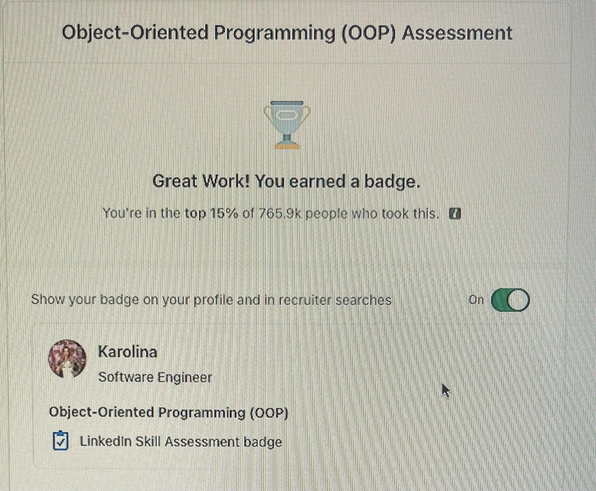 karolinaTechDev's tweet photo. I just earned a skill badge for Object Oriented Programming. @LinkedIn 
#100Devs #100DaysOfNoCode #javascript #oop #programming #LinkedInSkillAssessment #softwaredeveloper #SoftwareEngineer #techtwitter https://t.co/oFRzJBDhFW