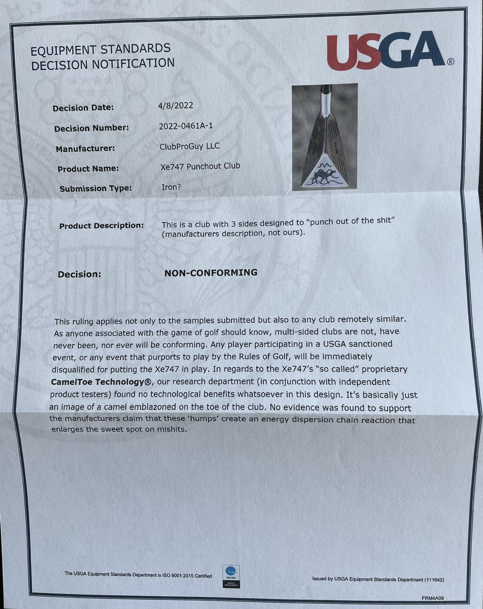 Aaaaaand there it is. If you ever needed more proof that the <a href="/USGA/">USGA</a> was in bed with the big equipment companies, this is it. I will appeal. #Xe747