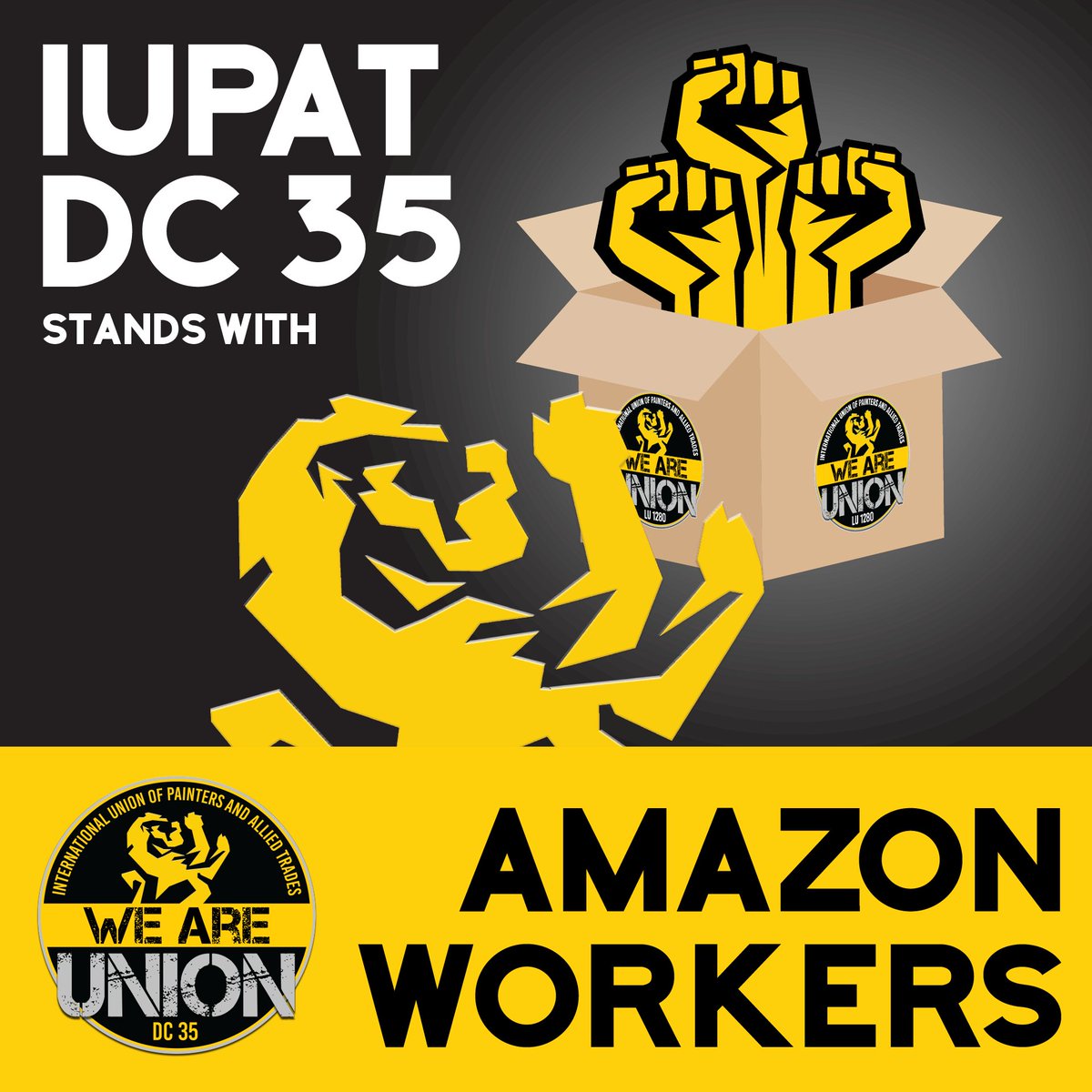 IUPAT_DC35's tweet photo. A huge congratulations to the Staten Island workers who formed Amazon's very first union, @amazonlabor! We stand in solidarity with the Amazon workers there and across the country standing up for fair wages, better working conditions, and a voice on the job #ALU #OccupyAmazon https://t.co/K2NwRSuHyK