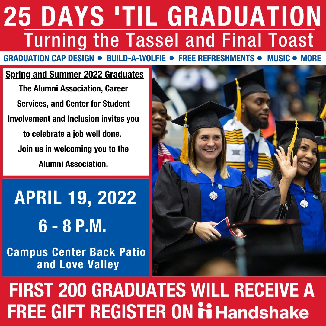 UWGCareer's tweet photo. Graduates 📣🎓Join us April 19 from 6 - 8 P.M. at the Campus Center Back Patio and Love Valley for a job well done! Partnered with @uwgalumni @uwgcsi Register on Handshake:https://t.co/SUzvedesmk
 #uwg #graduation2022 #careerservices #uwgalumni #uwgcsii #uwgwolves https://t.co/7d6uzCmRht