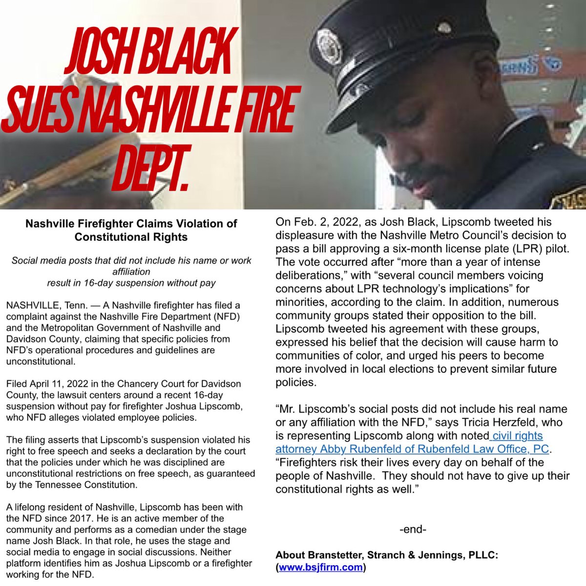 TheTNHoller's tweet image. LAWSUIT: “Firefighters risk their lives—they shouldn’t have to give up their constitutional rights as well.”

@SirJoshuaBlack SUES @NashvilleFD, who suspended him for speaking out against @MetroNashville &amp;amp; the racist nature of License Plate Readers.

SUIT: nashvillechanceryinfo.org/CaseDetail.asp…