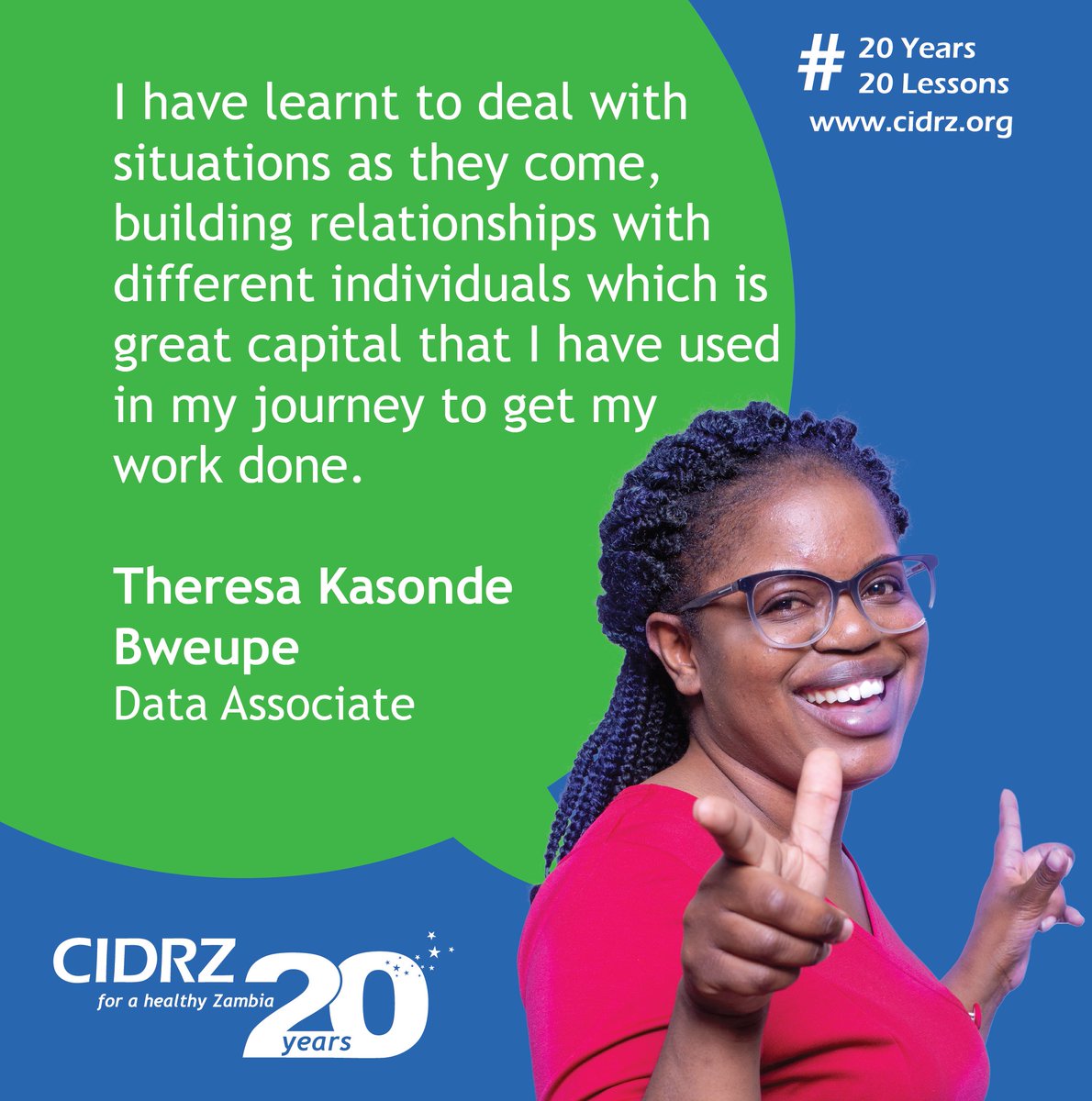 cidrzinfo's tweet photo. We asked our heroes to share what lessons they have learned over the 20 years. Thank you Theresa Kasonde Bweupe for sharing your lessons!
#CIDRZ #CIDRZ20 #20Years20Lessons https://t.co/GOZICUPR29