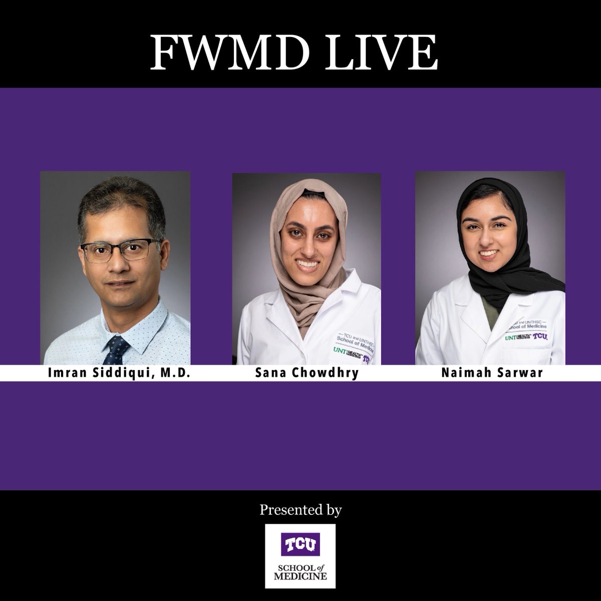 Join us at 12:00 p.m. for a discussion about attending medical school and treating patients during #Ramadan in our next #FWMDLive chat.

Use this link to watch: bit.ly/3jsRyIJ

<a href="/TCU/">TCU</a> #RamadanMubarak #medicalschool #MedicalStudents #EmpatheticScholars