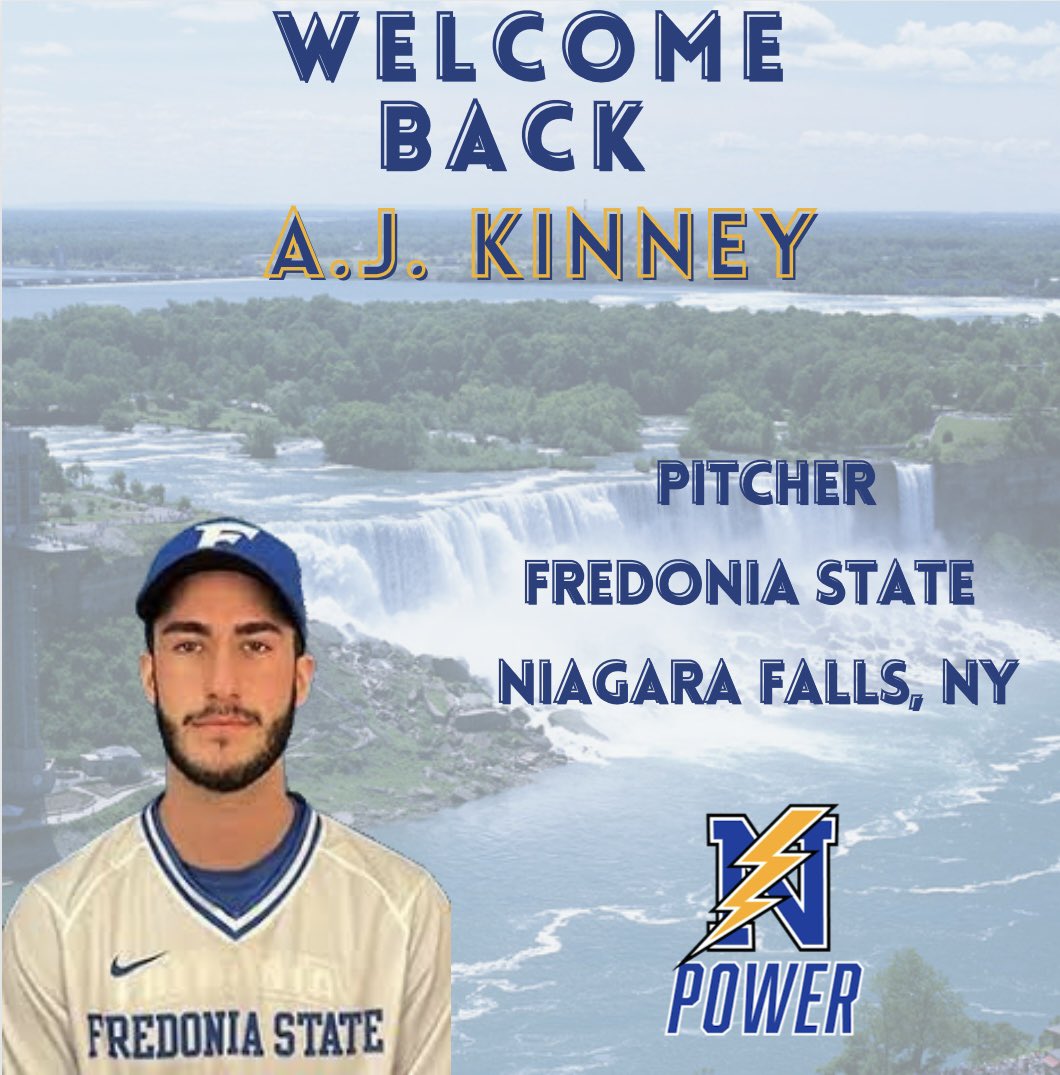 NiagaraPower's tweet photo. To start our roster announcements, we’d like to welcome back A.J. Kinney!
Kinney is a pitcher at Fredonia State and also a familiar face with the Niagara Power! Welcome back for your second season with the Power⚡️ https://t.co/u4Z0n4XwQq