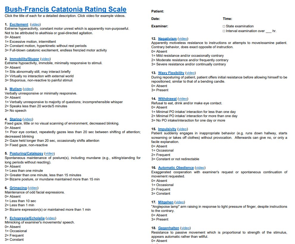MarkOldhamMD's tweet photo. 🚨New catatonia assessment resources🚨
📹23 point-of-care videos on scoring individual Bush-Francis items: https://t.co/JQjqm20sYj
🔎 #BFCRS PDF with links to item descriptions in the Training Manual & to videos: https://t.co/jJn3coh6XP
Main page: https://t.co/RpZlSYEJuL https://t.co/wreABqBo50