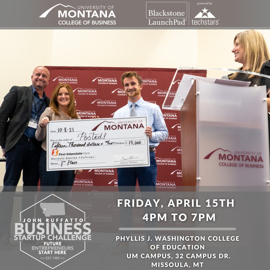 Join <a href="/UMontanaBiz/">UM College of Business</a> and <a href="/LaunchPad_UMT/">Blackstone LaunchPad at UMT</a> in supporting new student entrepreneurs at the 2022 <a href="/JohnRuffattoBSC/">John Ruffatto Startup Challenge</a> from 4 to 7 p.m. Friday, April 15, at the UM College of Education. Admission is free. tinyurl.com/2p8mwdyf
#innovation #startups #entreneurship