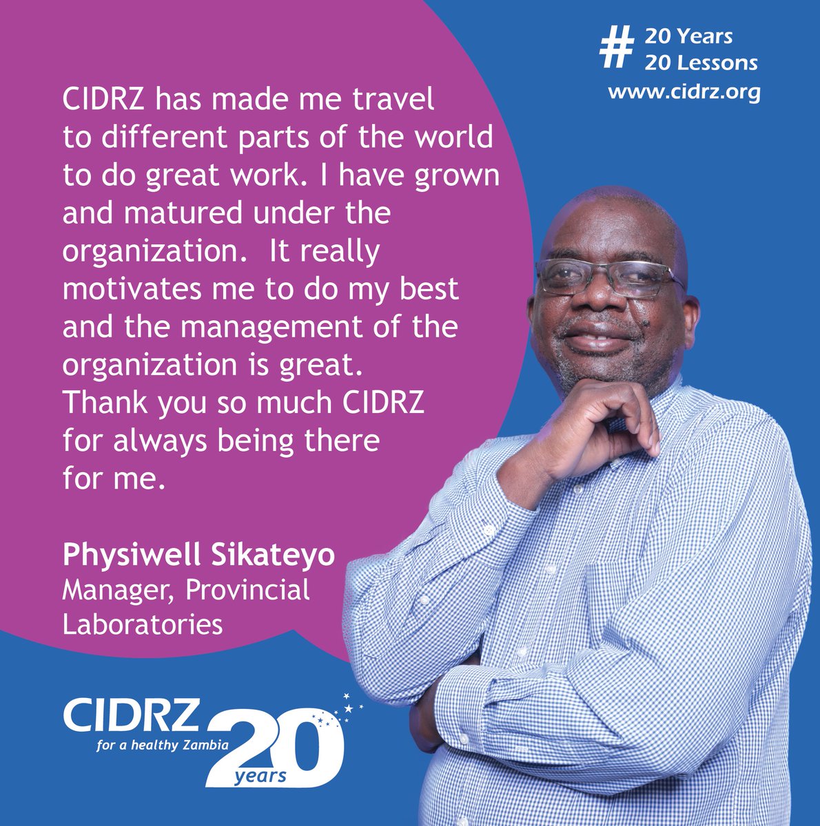 cidrzinfo's tweet photo. We asked our heroes to share what lessons they have learned over the 20 years. Thank you Physiwell Sikateyo for sharing your lessons!
#CIDRZ #CIDRZ20 #20Years20Lessons https://t.co/8Uyxd8SKUe