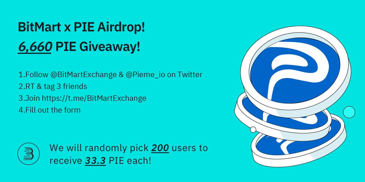 🥳To celebrate the primary listing of Pieme (PIE) on Apr 12, 10:00 AM EDT, we’re giving 6,660 PIE away!
 
1.Follow <a href="/BitMartExchange/">BitMart</a> &amp; @Pieme_io on Twitter
2.RT &amp; tag 3 friends
3.Join t.me/BitMartExchange
4.Fill form: forms.gle/oHgMBYQUzXbvgR…

⏱️ Enter by 10:00 AM EDT 04/15/2022