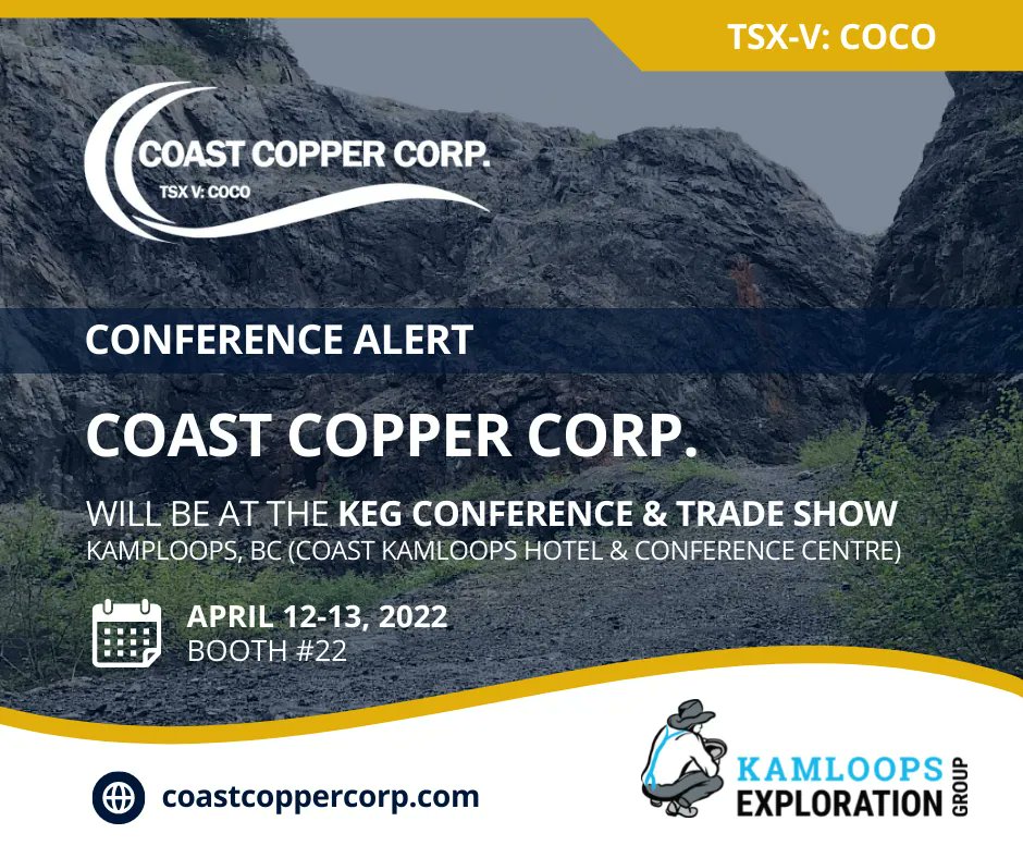 CoastCopper_'s tweet photo. Come visit us at @KamloopsExplora #KEGConference in Kamloops, BC tomorrow and Wednesday (April 12+13). We will be at Booth no. 22 at Coast Kamloops Hotel & Conference Centre. Email or call us to set up a meeting. https://t.co/RhHz77SLWg
$COCO #MiningConference #Copper https://t.co/sUxoKqUJPI