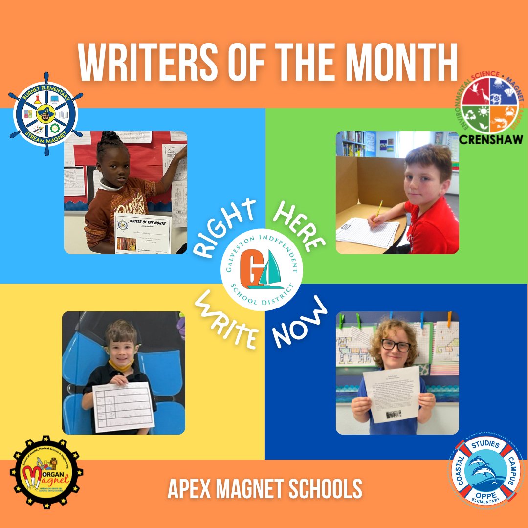galvestonisd's tweet photo. 🎉Congratulations to our GISD Magnet Writers of the Month! ✍️
- Brielle Murphy &amp; Jocelyn Baez 
-Cami Isham &amp; Jacob Alexander
-Howard Rojahn &amp; Veronica Miranda
-Genesis Henriquez &amp; Maverick Conley https://t.co/9M4j5GEFzS