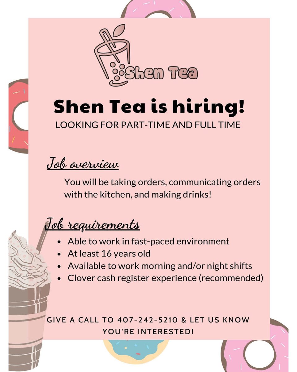 Shen Tea in Winter Park is hiring!  Aloma Shopping Center -
2254 Aloma Ave - Winter Park, Florida
shenteaboba.com