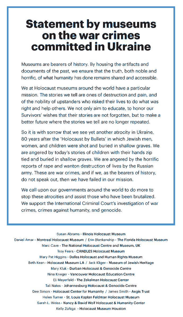SaintLouisHM's tweet photo. "These are war crimes, and if we, as the bearers of history, do not speak out, then we have failed in our mission."

We join with sixteen other Holocaust museums from around the world in condemning Russian war crimes in Ukraine. #MuseumsForUkraine https://t.co/tJnOSUDh8o