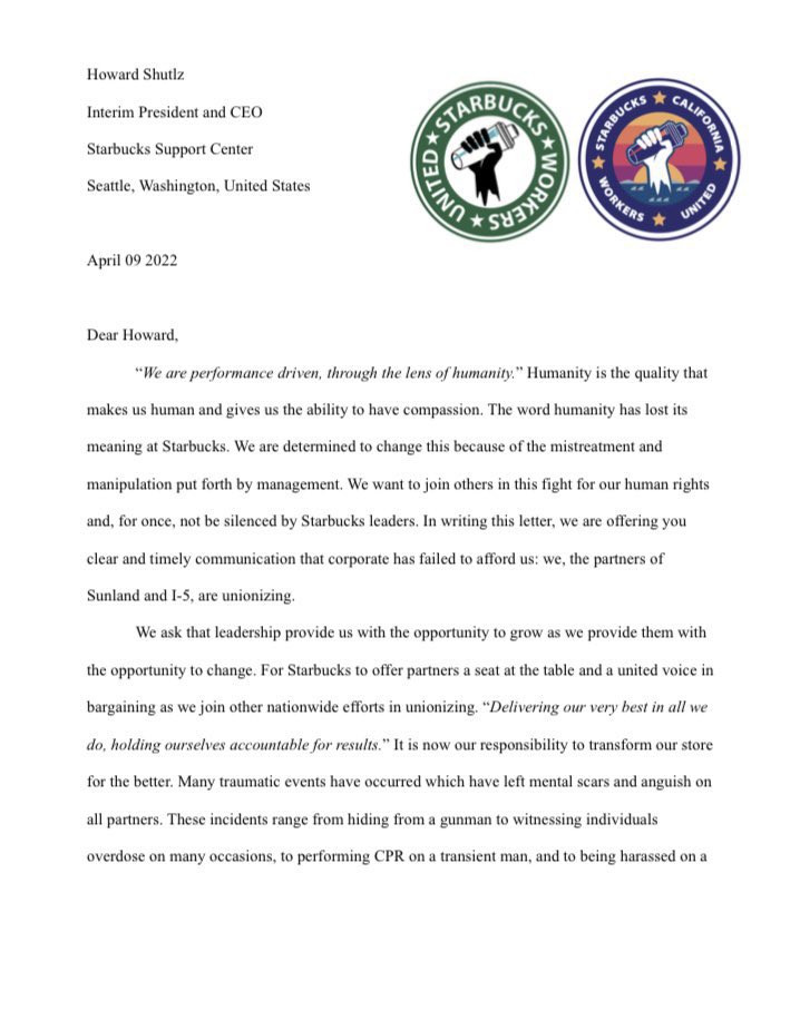SBWorkersUnited's tweet photo. Welcome Sun Valley, CA to the union movement! 
“In writing this letter, we are offering you clear and timely communication corporate has failed to afford us; we, the partners of Sunland and I-5, are unionizing.” https://t.co/5BDybGhI6A
