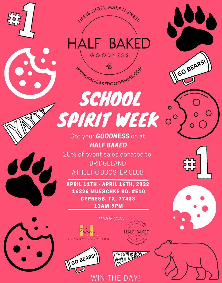 TheLLTeamRealty's tweet photo. 🍪🍪🍪🍪🍪🍪🍪🍪🍪🍪Start the week off right by supporting the Bridgeland Athletics Booster Club!
Mention the Spirit Week flyer with your purchase! 
Half Baked Cookie Co.
16326 Mueschke Rd
Unit E10
Cypress, TX  77433 @Bridgeland_SB @bhabc_bears https://t.co/nQE8BBGZyp