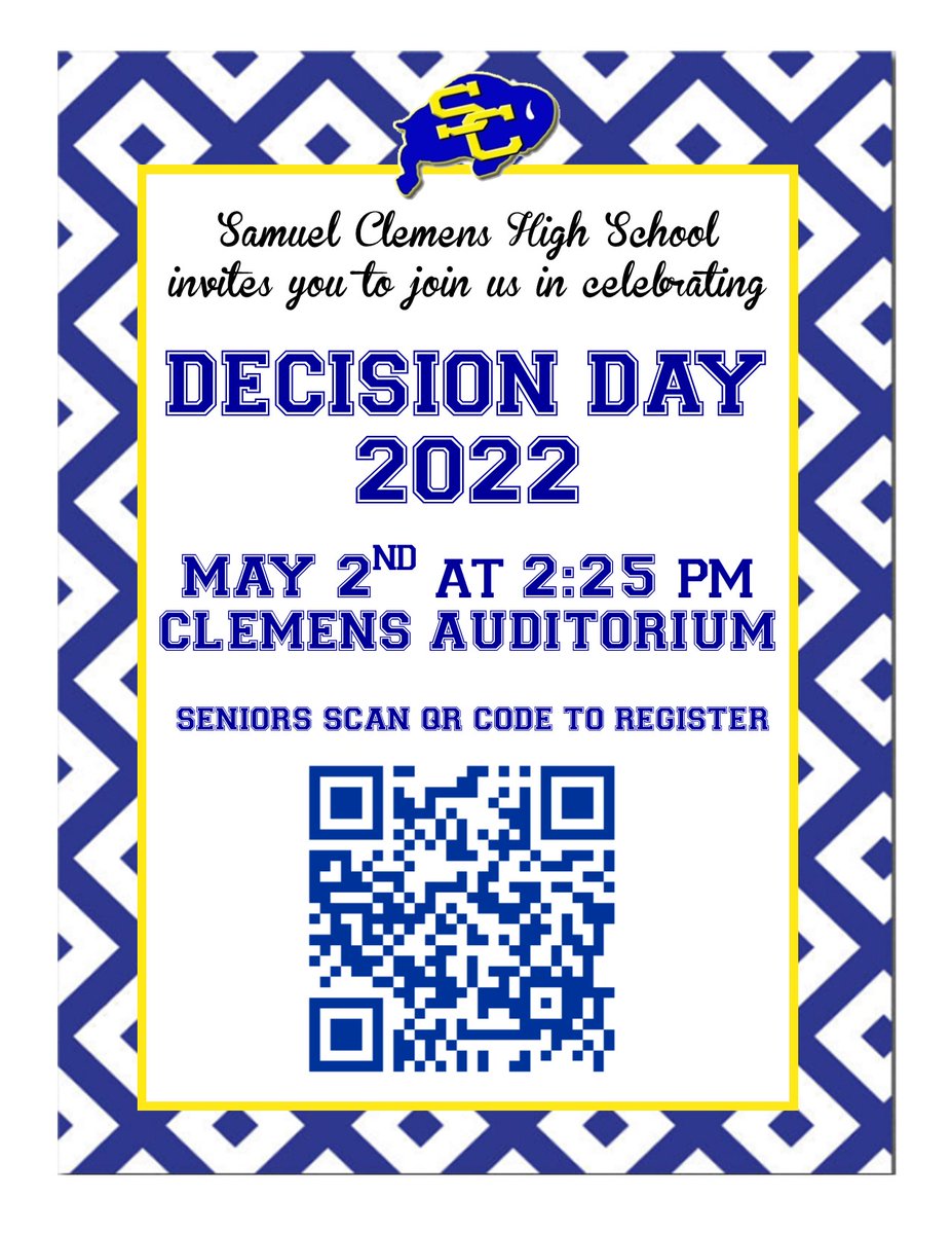 Seniors!  Sign Up for Decision Day! Attach or turn in acceptance/enlistment letters and get that college/military gear ready! #futureready <a href="/SamuelClemensHS/">Clemens High School</a> <a href="/ClemensCounsel/">Clemens HS Counselor</a>