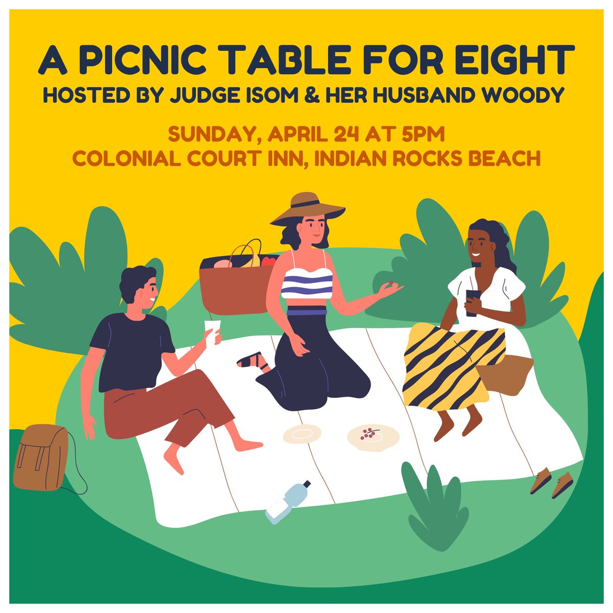HAWLTampaBay's tweet photo. Join Judge Claudia Isom & her husband Woody on Sunday, Apr 24th at 5pm, as they host โA Picnic #TableForEightโ at Colonial Court Inn, Indian Rocks Bch. Event is limited to 8 HAWL Members. To RSVP, email caroline.spradlin@phelps.com. See you at the picnic table! #HAWL https://t.co/f1tf8NbFg3