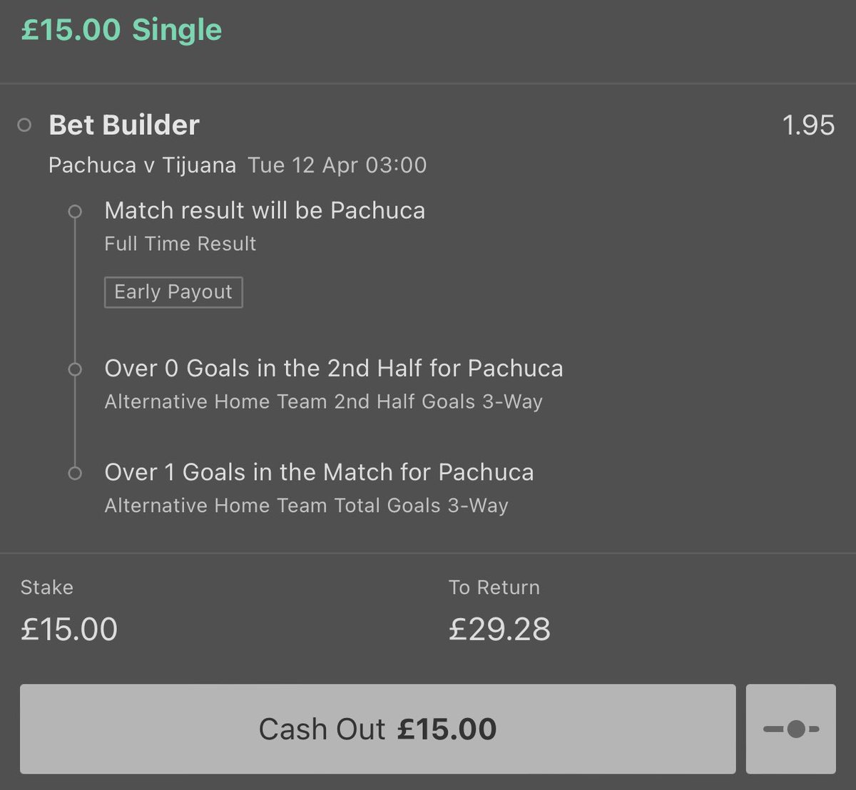 KDFootballtips1's tweet photo. PREMATCH BET ⚽️

Mexico 🇲🇽 
Pachuca vs Tijuana 🏟

Pachuca to win and over 1.5 goals 📊
Pachuca over 0.5 2nd half goals 📊

3 UNITS 💰

Like and follow if you’re on ♥️

#GamblingTwitter #betting #inplay https://t.co/EcABbcuzwM