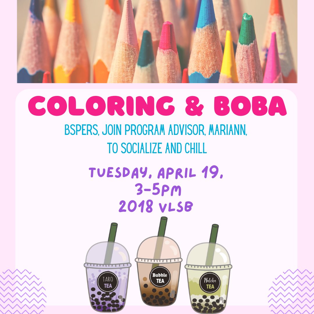 berkeleybsp's tweet photo. Hello, happy Monday BSPers😍 Today is the last day to RSVP for the Coloring and Boba social next Tuesday, 04/19/22 from 3-5pm at 2018 VLSB. For more information, check your bmail! https://t.co/zV8x1euwOm