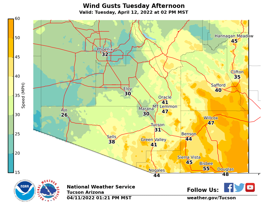 NWSTucson's tweet photo. We've got 1 more day of strong and gusty winds on tap for Tuesday with gusts 35-55 mph (strongest east of Tucson). These winds will usher in cooler temperatures as highs drop back into the 70's for valley locations. #azwx https://t.co/a68VcGVB1s