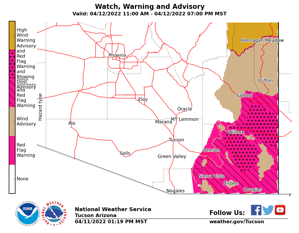 NWSTucson's tweet photo. We've got 1 more day of strong and gusty winds on tap for Tuesday with gusts 35-55 mph (strongest east of Tucson). These winds will usher in cooler temperatures as highs drop back into the 70's for valley locations. #azwx https://t.co/a68VcGVB1s