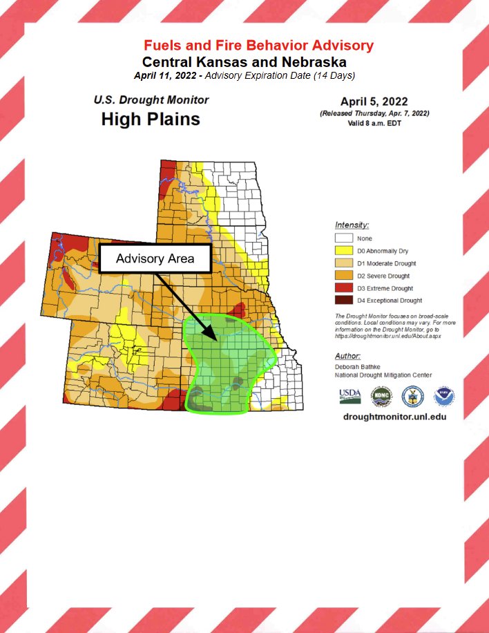 Fuels advisory has been issued for KS/NE. Critically dry fuels exist across the region. When combined with increased fire weather, extreme fire behavior likely.

Fire fighters must take extra precautions when responding to fire starts. 

predictiveservices.nifc.gov/fuels_fire-dan…

#kswx #ksfire