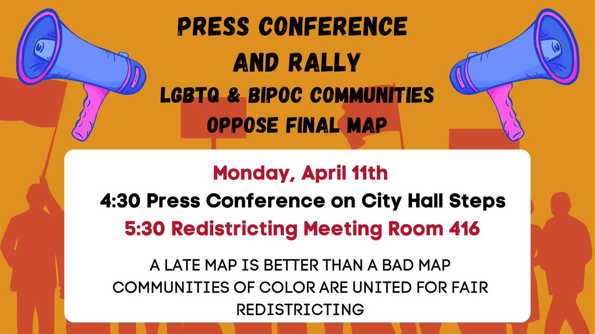 Join us today at 4:30 for a rally in front of City Hall and a march to the meeting at 5:30. We’ll be urging the Task Force to pass a fair map that keeps marginalized communities intact, even if they have to surpass their April 15th deadline. #RejecttheMap #sfredistricting