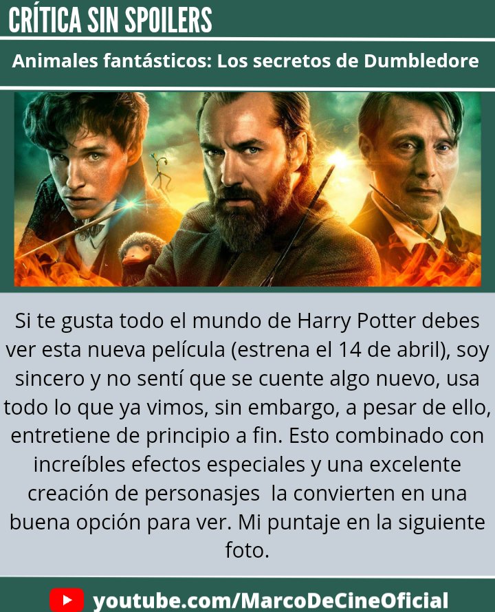 MarcoDeCine's tweet photo. Crítica sin spoilers de Animales fantásticos: Los secretos de Dumbledore. 😎 

¿Qué puntaje le pondrías tú? 😀 ¡Anímate a escribirlo en los comentarios! 👍🏻

#MarcoDeCine #AnimalesFantásticosLosSecretosDeDumbledore https://t.co/fbLyw8sXa7