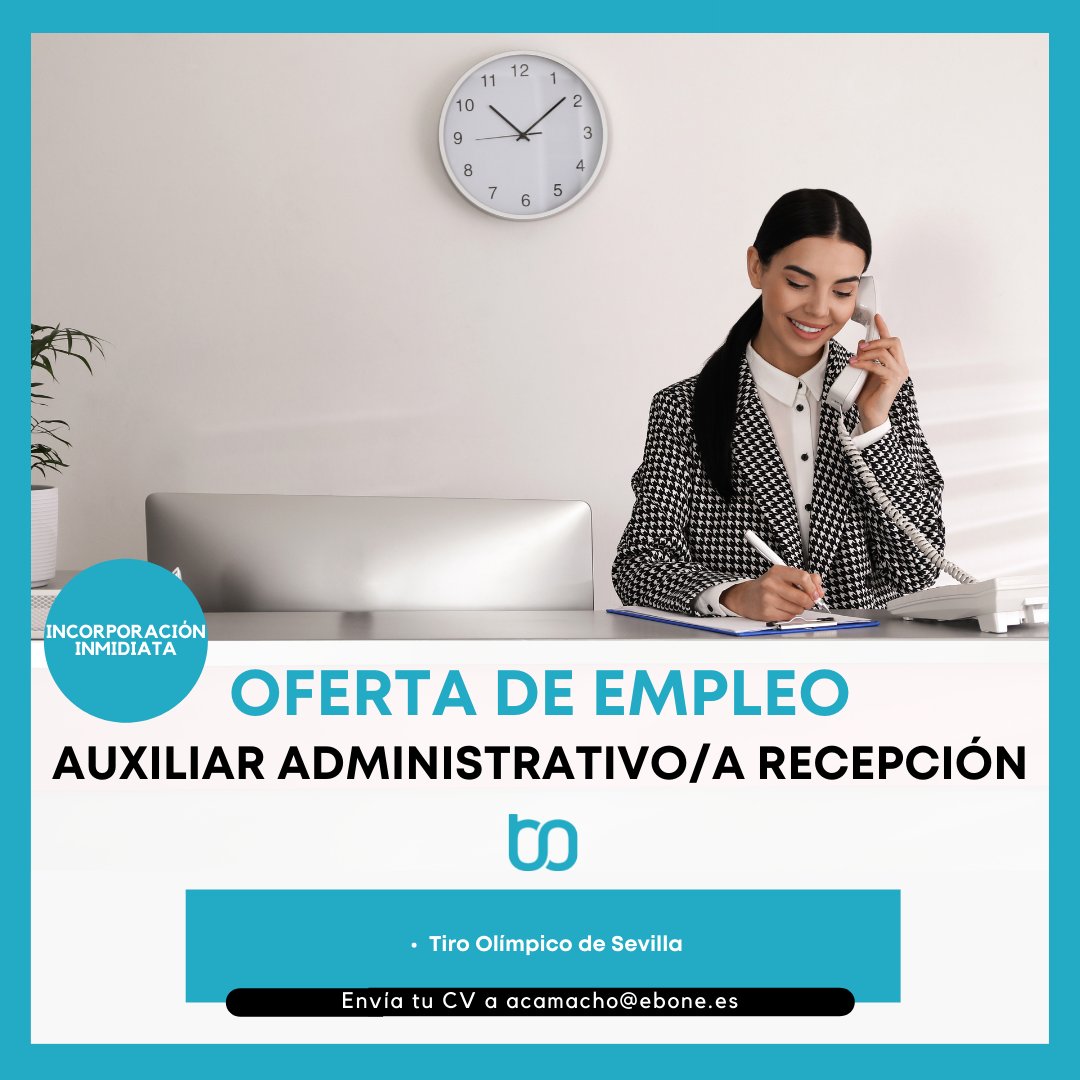📢Seguimos buscando personal 📢 
Esta vez se trata de un puesto de auxiliar administrativo/a para el Tiro Olímpico de Sevilla 📍 
Si estás interesad@  envía tu currúculum a acamacho@ebone.es 📨