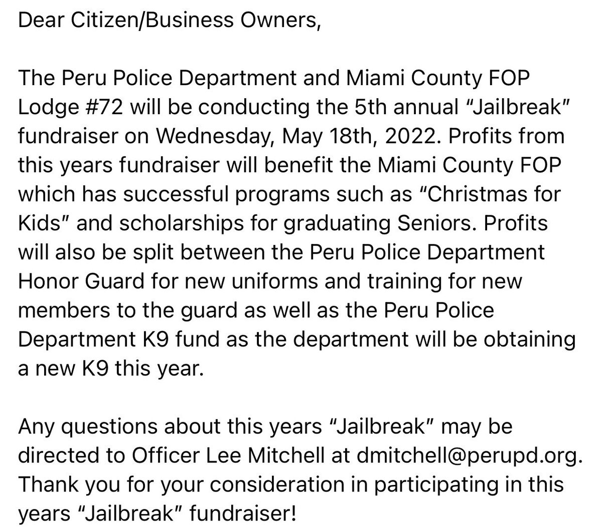 Now accepting applicants and nominations for this years #Jailbreak fundraiser. Contact dmitchell@perupd.org for further information.