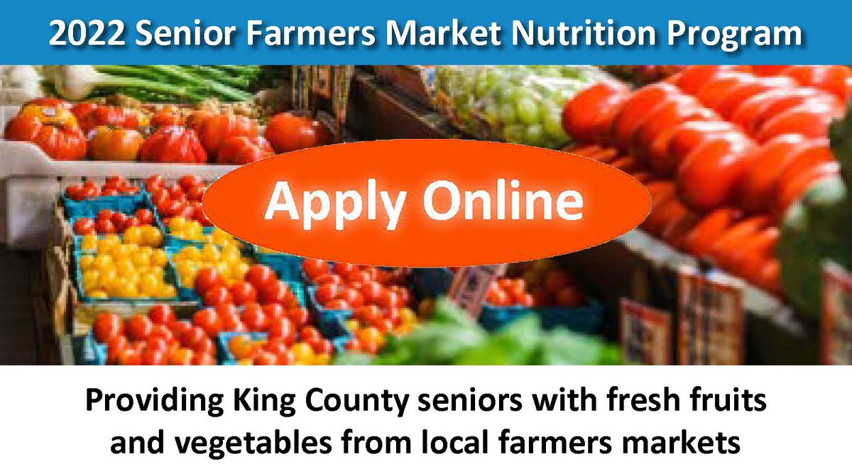 SeaNeighborhood's tweet photo. 2022 Senior Farmers Market Nutrition Program provides market vouchers for low-income older adults. Application period: April 11–29. Apply online: https://t.co/cELp0gTiRV
#sfmnp https://t.co/Co4qGBqJ2T