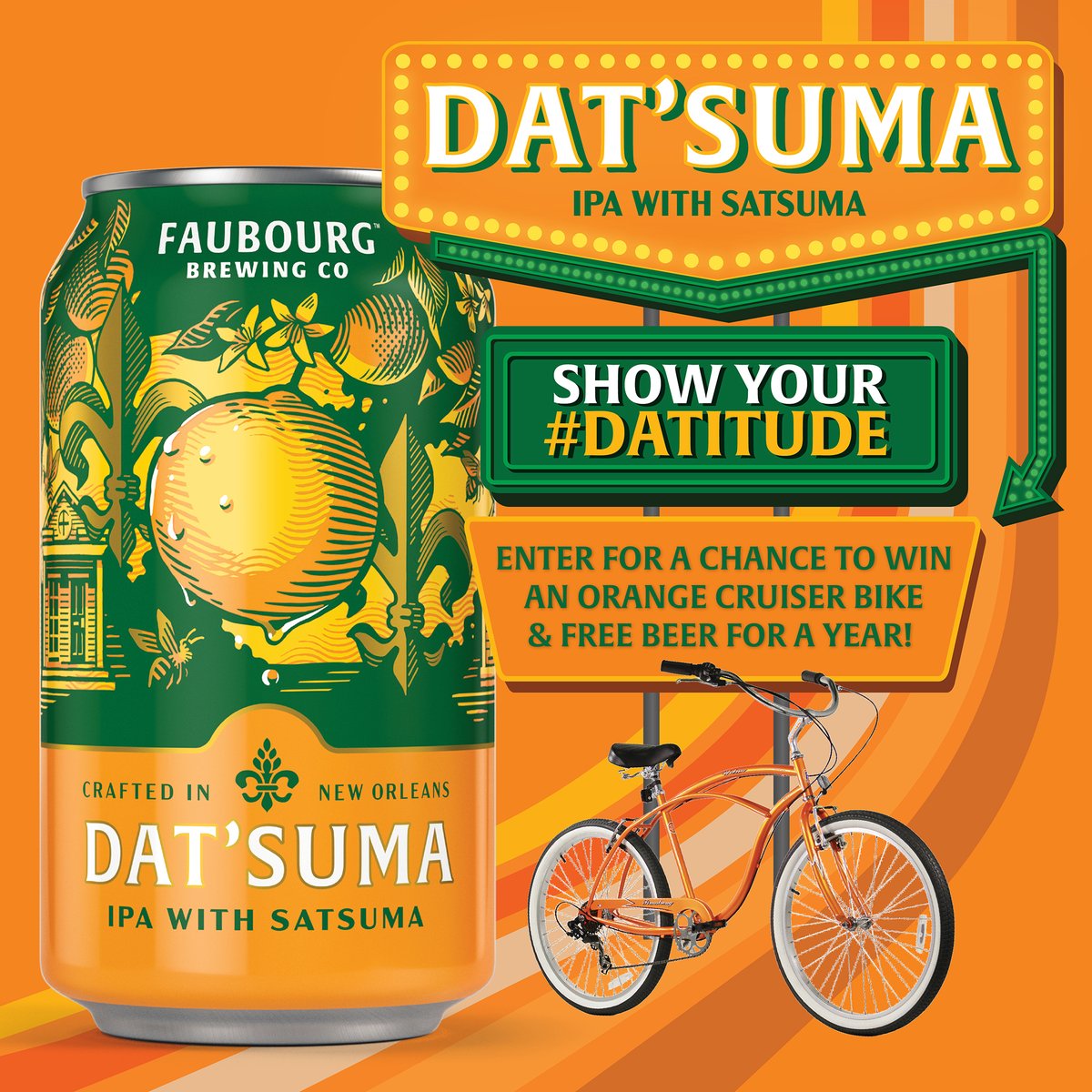 faubourgbeer's tweet photo. WIN FREE BEER FOR A YEAR, A BIKE &amp; MORE! We are celebrating DAT'SUMA IPA with our biggest giveaway ever! And all you have to do to enter is SHOW YOUR #DATITUDE! Click the link to see how to enter! https://t.co/Yse8FWyuOJ

#neworleans https://t.co/eo9aF6DGI8