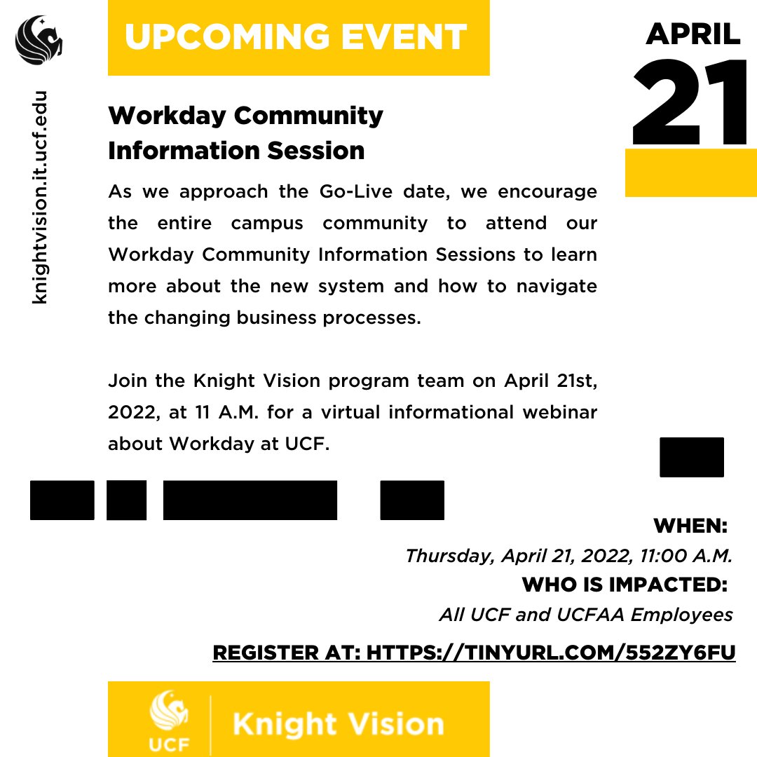 UCFKnightVision's tweet photo. Upcoming Event Reminder ❗ Join the Knight Vision program team on April 21, 2022, at 11 A.M. for a virtual informational webinar for details on purchases - procurement - in #Workday, a live demonstration, updates on training and more! #UCF #UCFKnightVision #UCFTech #UCFEvents https://t.co/RDD8M6MZU8
