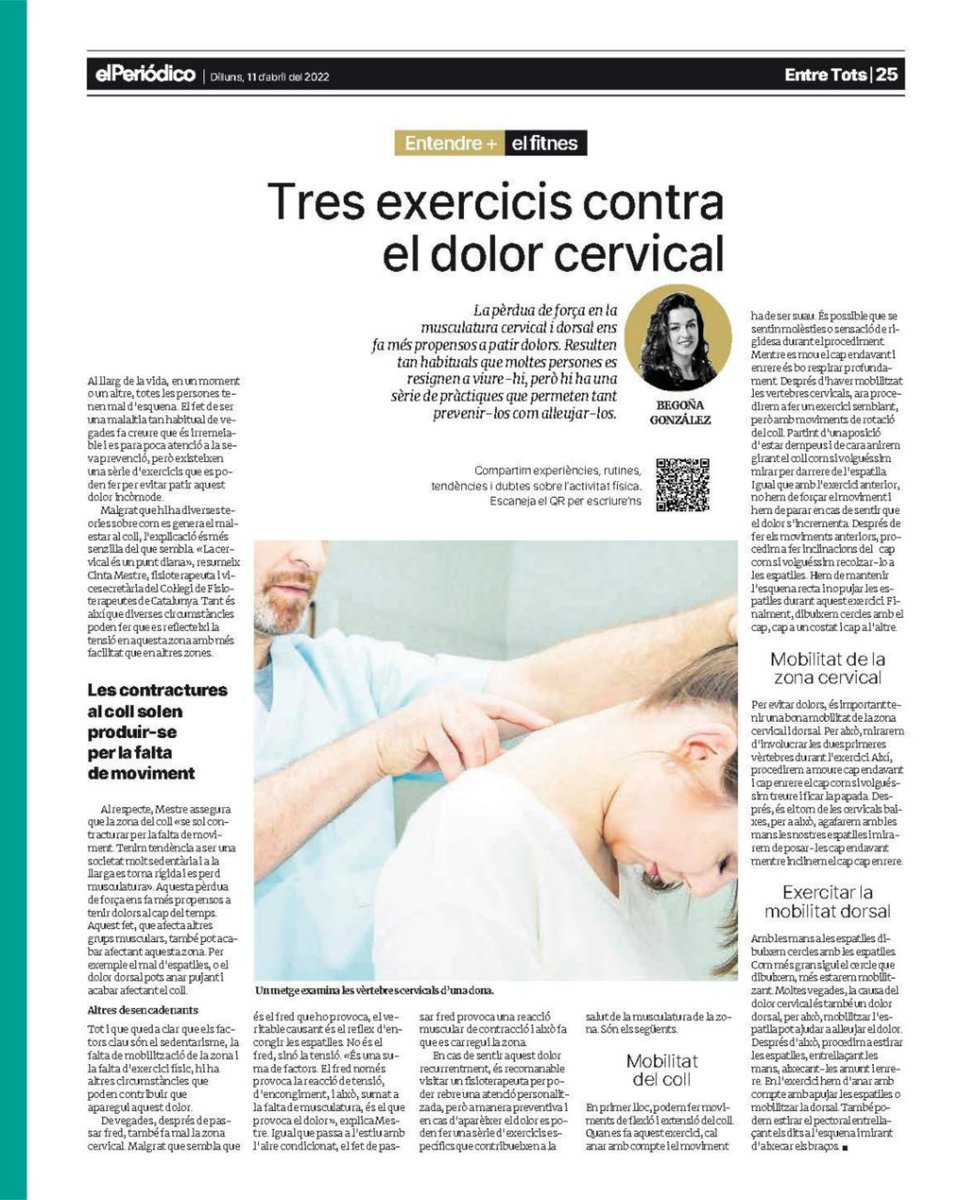 ColFiCat's tweet photo. 📰 Avui a @elperiodico_cat, Cinta Mestre (@Ebrefisio), fisioterapeuta i vicesecretària del CFC, ens recomana tres exercicis contra el dolor cervical.

Llegeix l'article complet 👉 https://t.co/UYjSKd9Y9z https://t.co/IdQssEc5i5