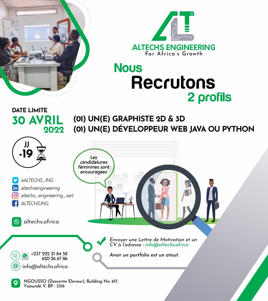 H_Likeng's tweet photo. #Recrutement #DesignGraphic #Webmaster #Java #Python

Pour être en mesure de mieux servir nos clients et de faire face aux challenges de plus en plus exigeants imposés par la croissance de nos activités, @ALTECHS_ING a besoin de renforcer son équipe

Les TDR sont sur nos réseaux https://t.co/HMsmIlz4hk