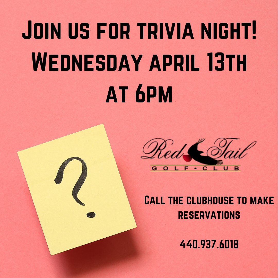 RedTailAvon's tweet photo. Join us for Trivia Night with Leslie Jones - Every 2nd Wednesday, starting April 13th at 6pm.  Everyone is welcome - prizes for 1st, 2nd, and 3rd place.  

Call the Clubhouse to make a reservation at 440.937.6018

#redtailavon #redtailgolfclub #trivianight https://t.co/MZBaAUQmqC