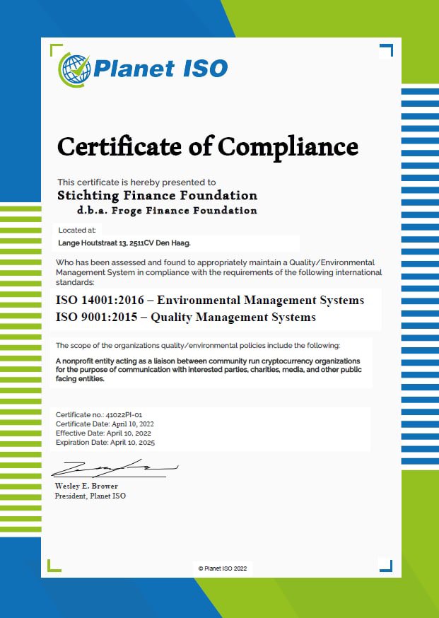 FrogeFi's tweet photo. The Froge Finance Foundation has officially achieved compliance to both ISO 14001:2016 as well as ISO 9001:2015. These standards layout the groundwork for how the FFF operates, and ensures that we meet the requirements of our interested parties, such as our charitable partners. https://t.co/LeLEoUHo7u