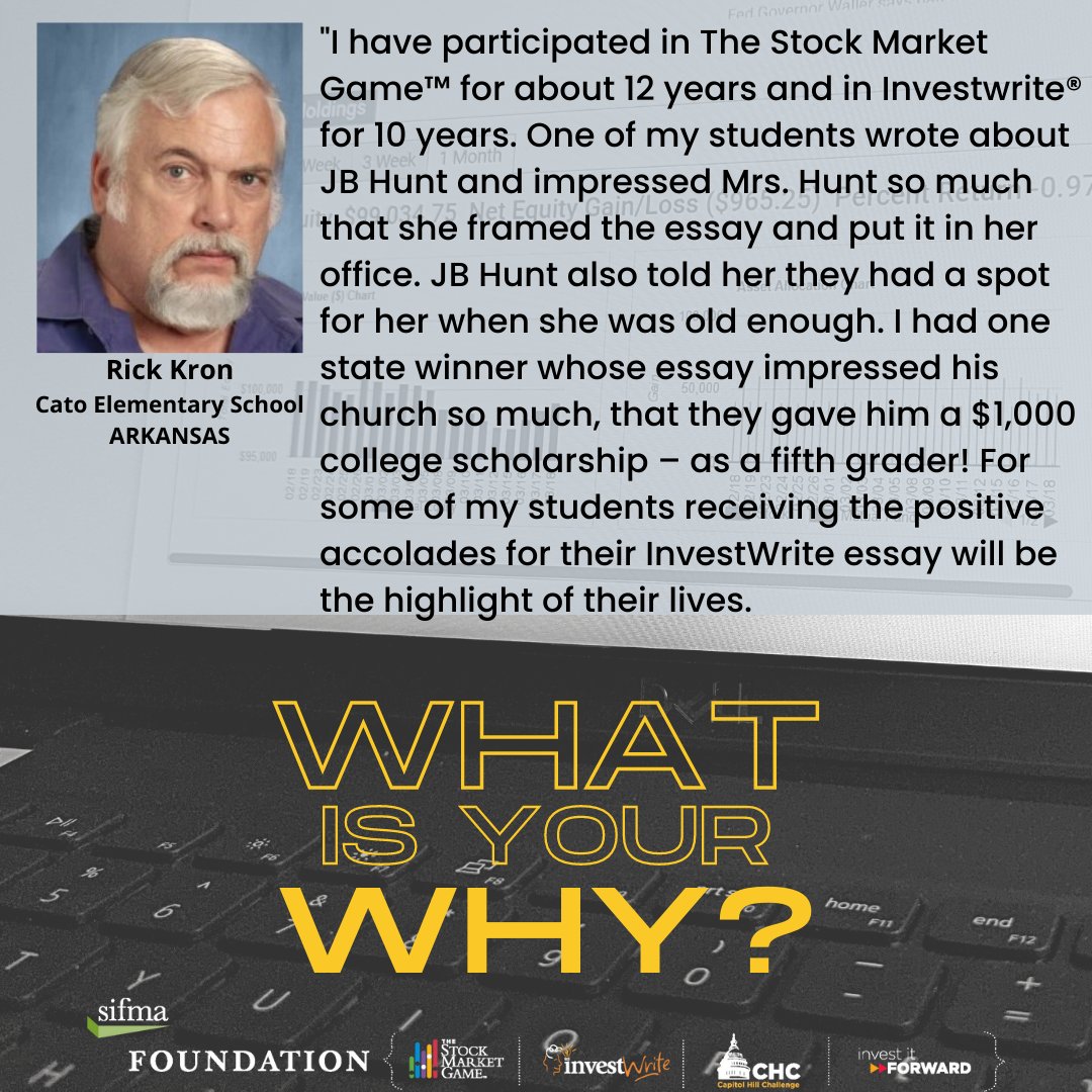 SIFMAFoundation's tweet photo. For some teachers our #stockmarketgame and its culminating activity #InvestWrite are more than just methods for teaching financial education - they're an opportunity to create positive experiences that inspire lifelong pursuits of learning. #WIYW #FinancialLiteracyMonth https://t.co/qXpdcaZtrR